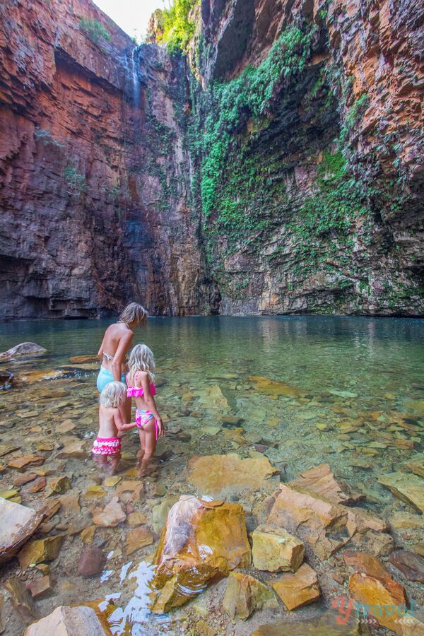 Emmas Gorge at El Questro Homestead along the Gibb River Road in the Kimberley region of Western Australia is a must visit for a swim in the beautiful waterhole.

There's a one hour walk to get to this gorge, and it would be amazing to see the waterfall at full power during the wet season, but even in the dry season it's a great place to cool off. 