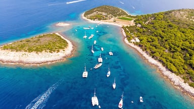 An aerial view of a coastal area with clear turquoise waters, several small islands, and numerous sailboats anchored in the bay.