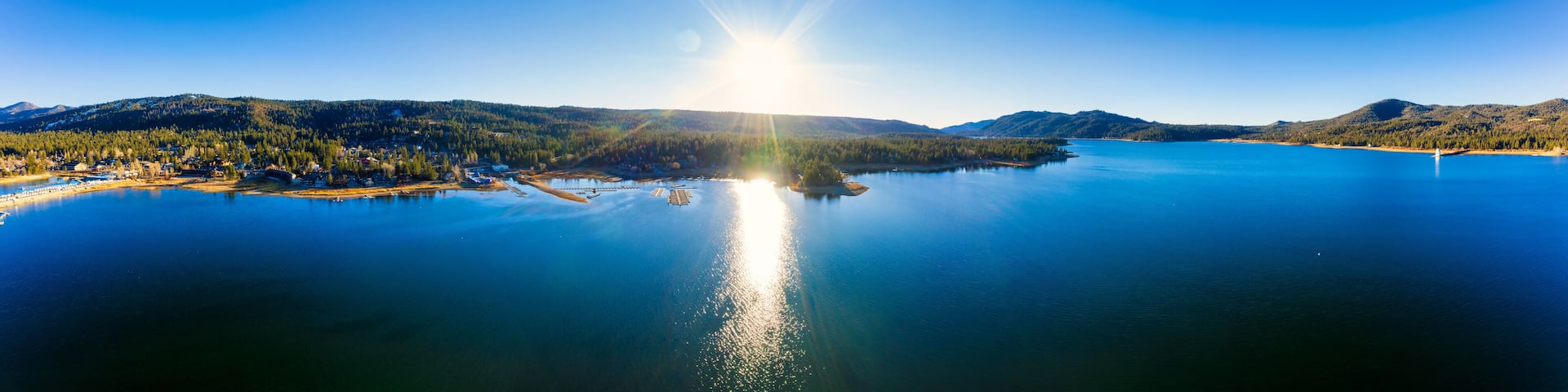 Big Bear Lake bay view with sunrise over lake
