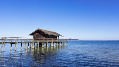 A wooden pier extending into a calm body of water with a thatched-roof structure at the end.