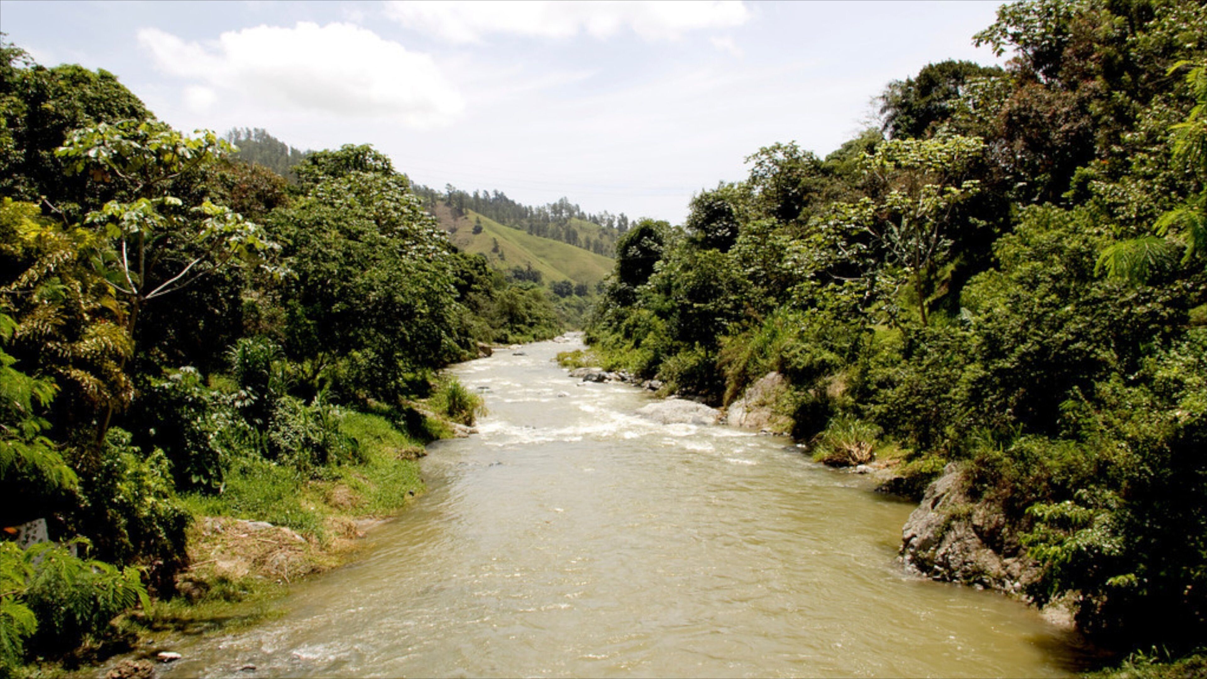 A river flowing through a lush, green valley with dense vegetation on both sides.