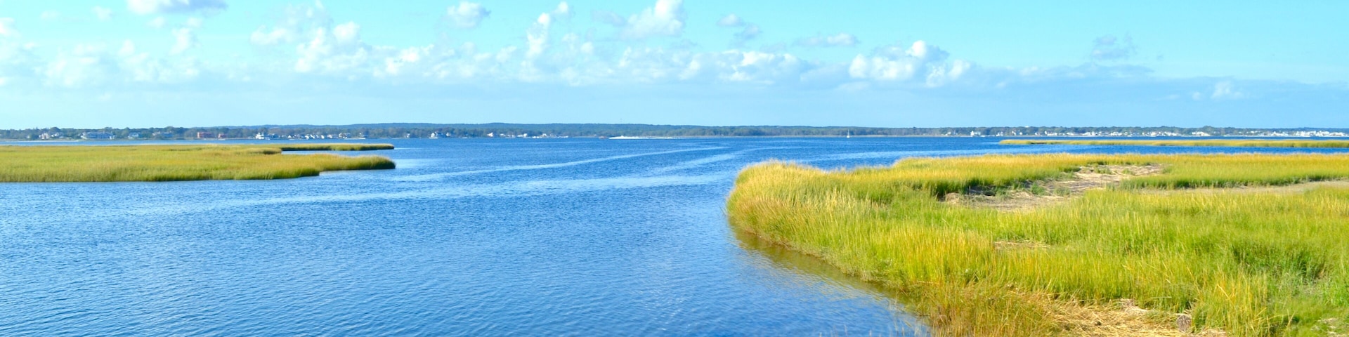 A small cove off of Moriches Bay is protected by the embrace of marshland. Westhampton Beach, Long island, NY. Copy space.