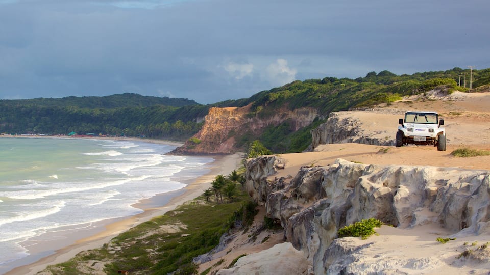 A white off-road vehicle on a sandy cliff overlooking a beach with waves.