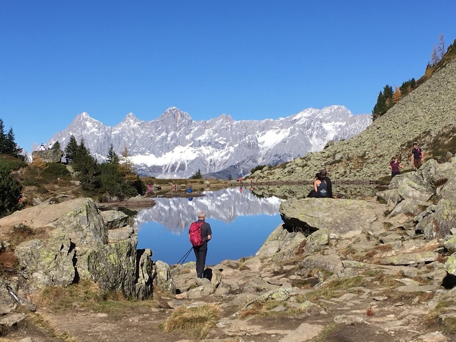 Spiegelsee (mirror lake) at the Reiteralm near Schladming, Austria with view to the Dachstein