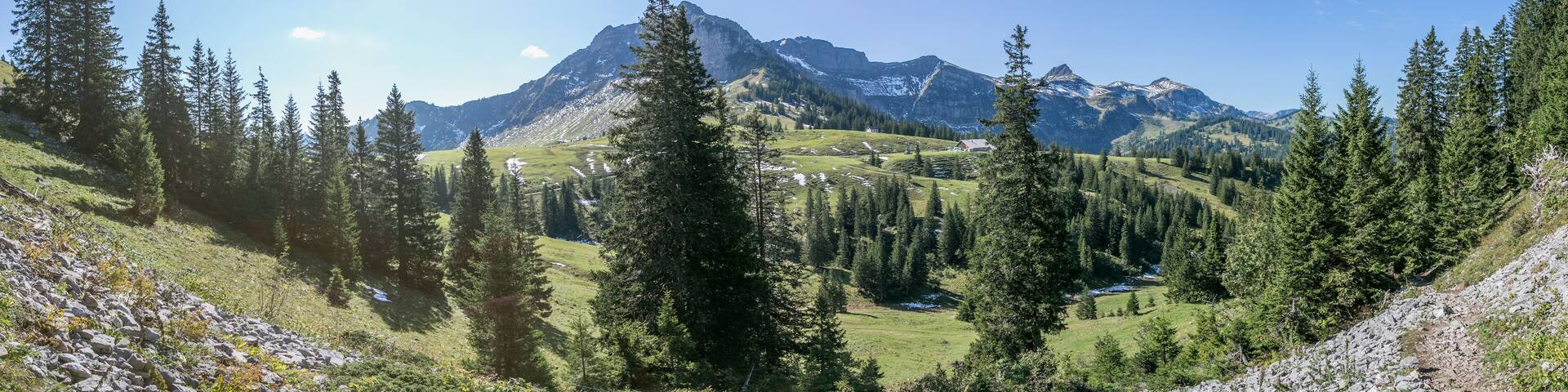 Panoramic view of mountain range at Mellau, Vorarlberg, Austria, hike to Kanisfluh