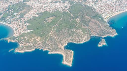 Aerial view over Kalemlik peninsula in Ozdere coastal resort town in Izmir province in Turkey.