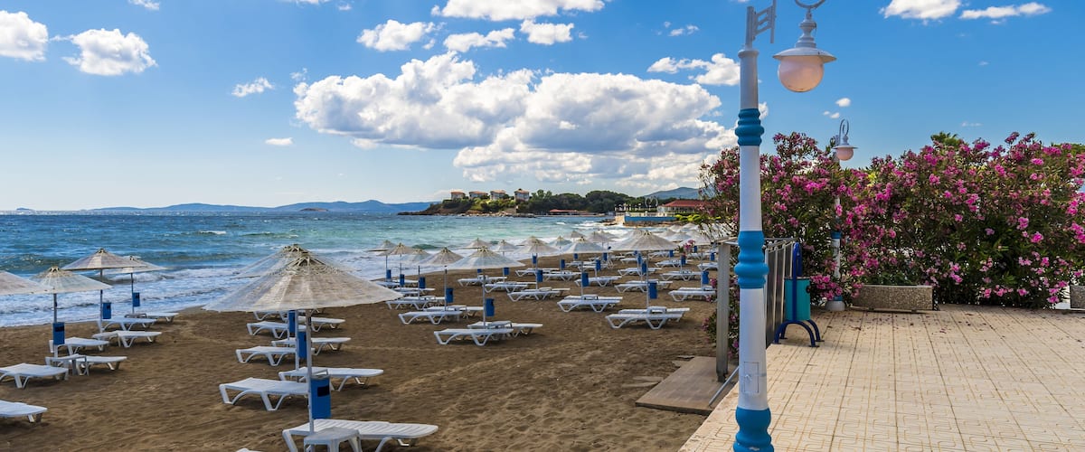 A beach with sun loungers and umbrellas, a clear sky, and a coastline with buildings.