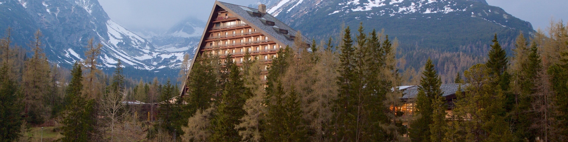 Strbske Pleso which includes a lake or waterhole, a house and forests