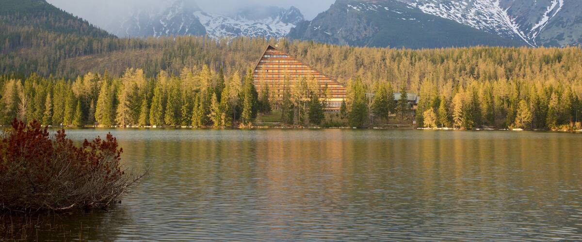 A lodge surrounded by a forest and mountains.