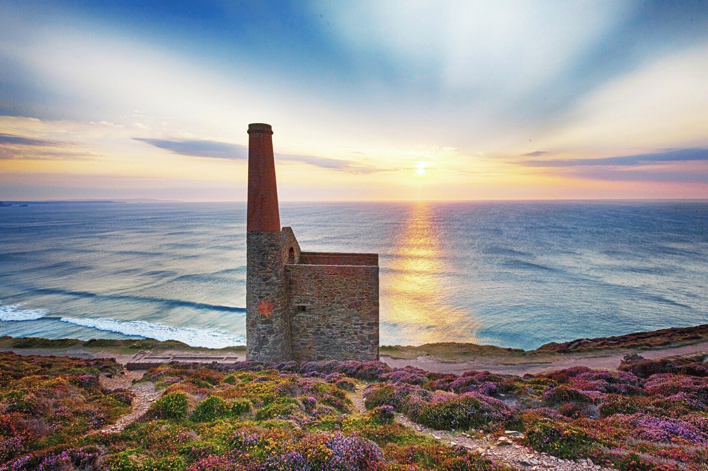 A coastal lighthouse with purple heather in the foreground.