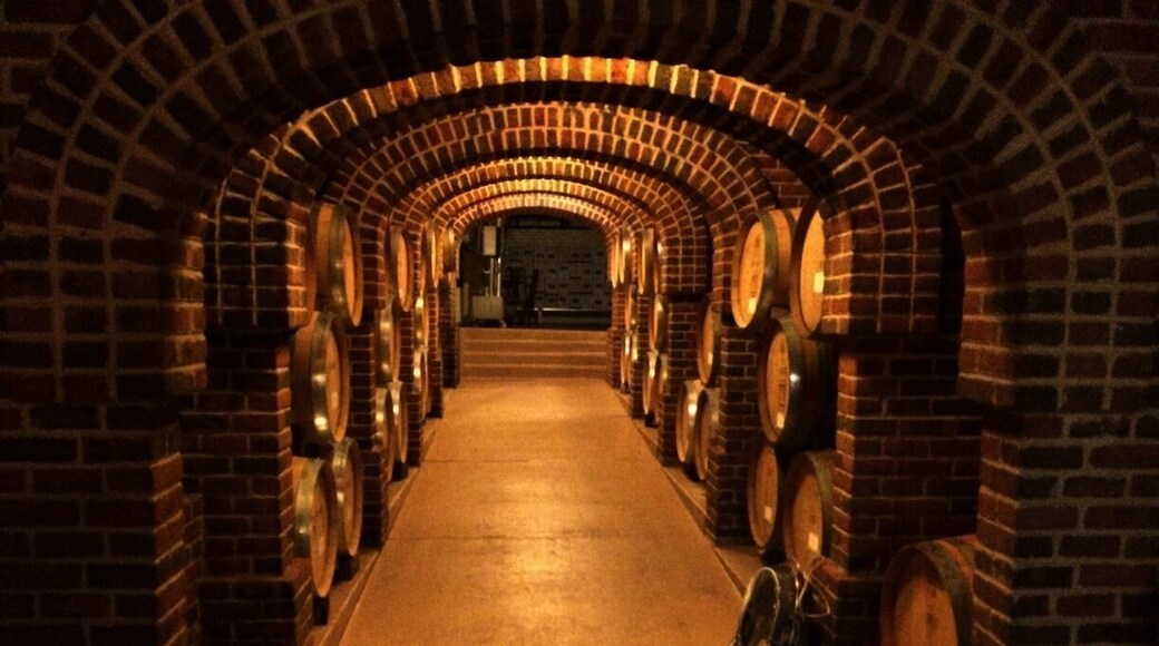 Barrels of wine line the walls of this underground tunnel displayed on the Lynfred Winery tour, the largest and oldest winery in Illinois.