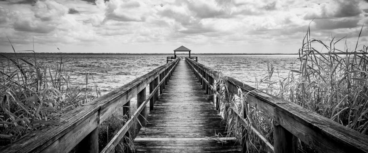 A wooden pier leading to a gazebo over water, surrounded by tall grasses.