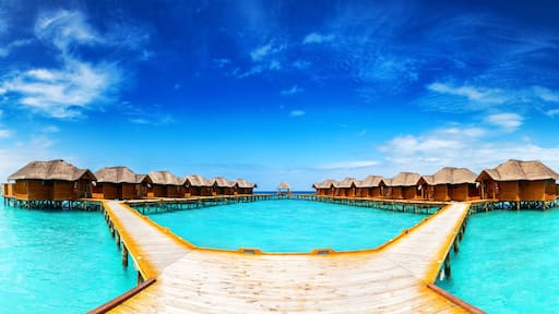 Water bungalows resort at islands. Indian Ocean, Maldives