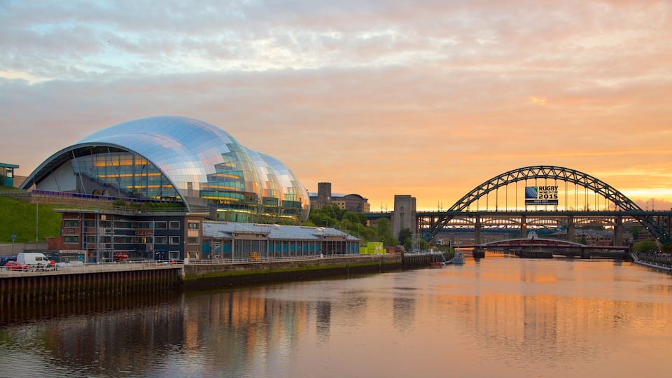 A modern stadium with a glass dome, a river, and a bridge with a sign for the Rugby World Cup 2015.
