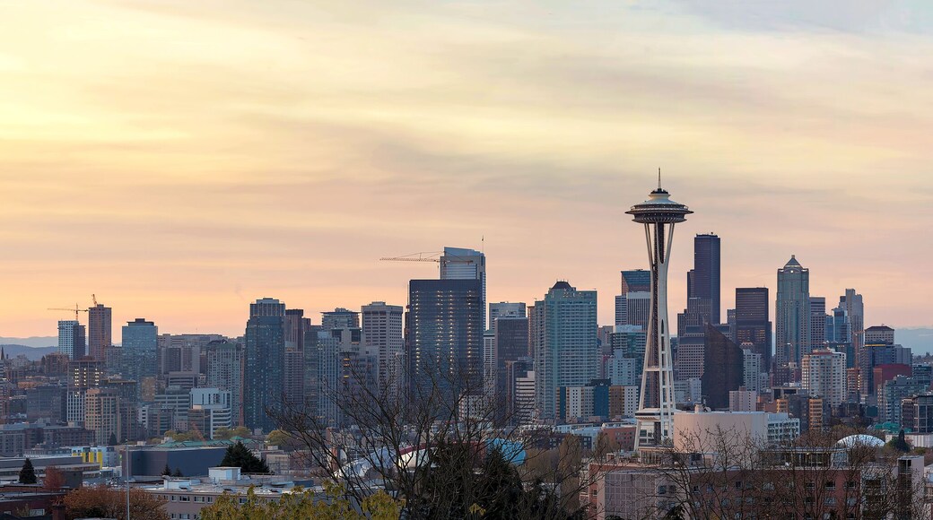 Seattle WA Skyline with Mount Rainier during Sunrise Panorama in Washington state USA
