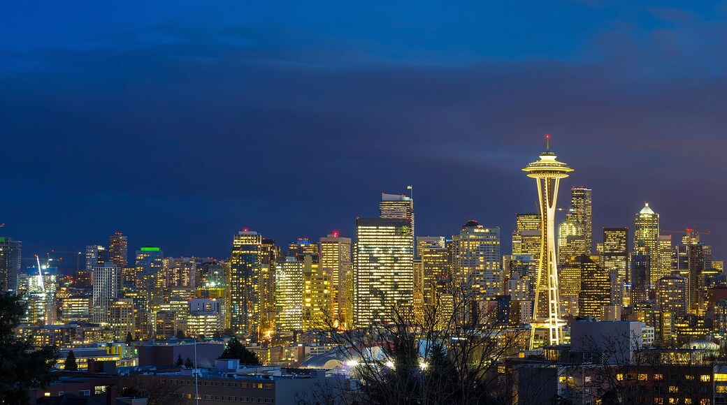 City of Seattle during Evening Blue Hour Panorama in Washington state America