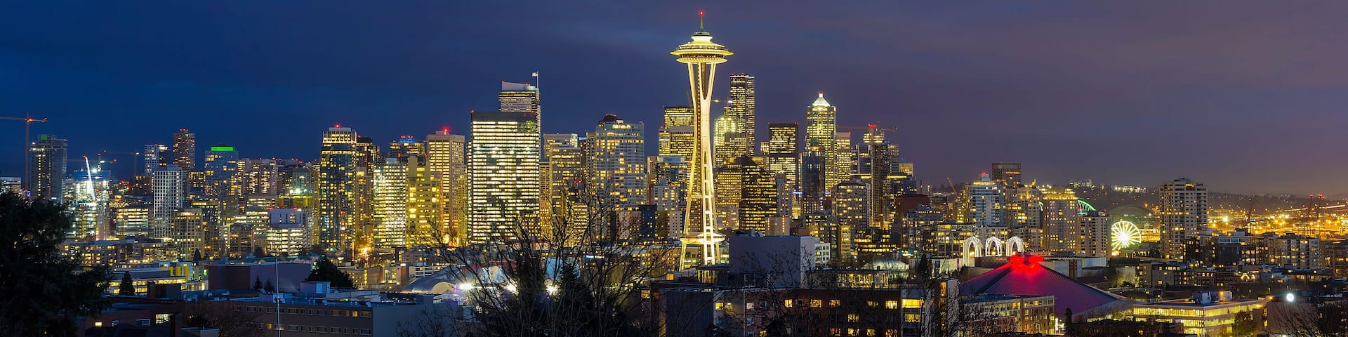City of Seattle during Evening Blue Hour Panorama in Washington state America