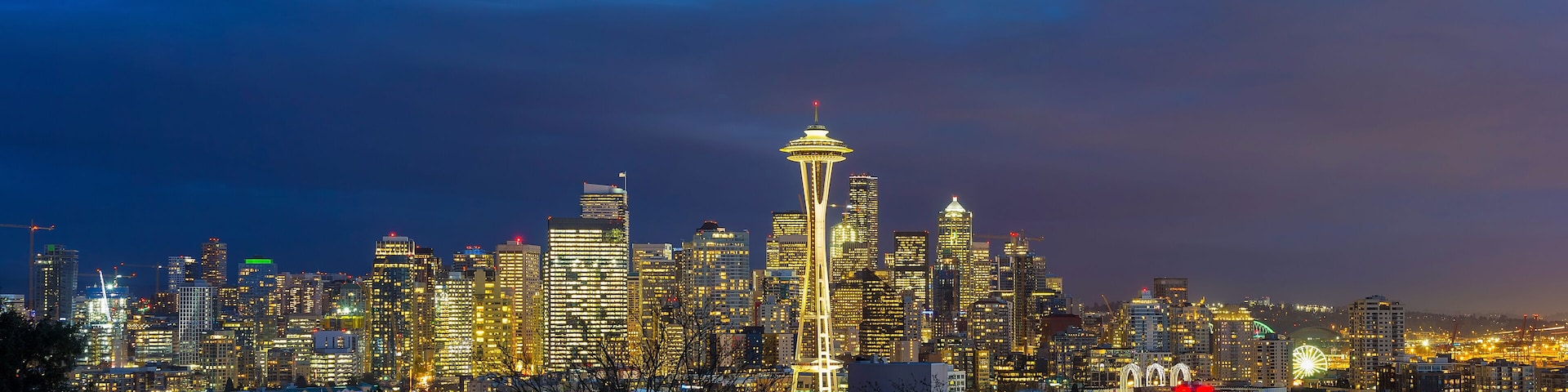 City of Seattle during Evening Blue Hour Panorama in Washington state America