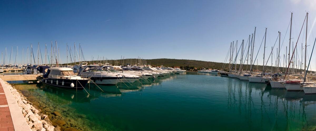 A marina with numerous sailboats docked along a calm waterfront.