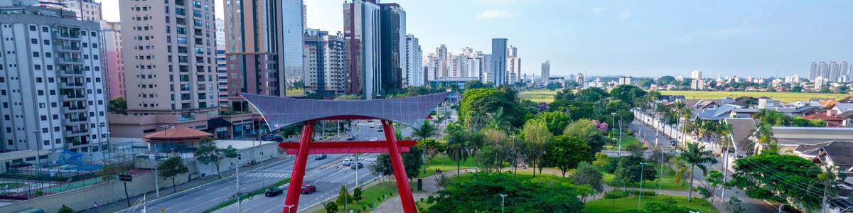 Aerial view of Riugi Kojima Square in Sao Jose dos Campos, Brazil. Japanese monument and garden