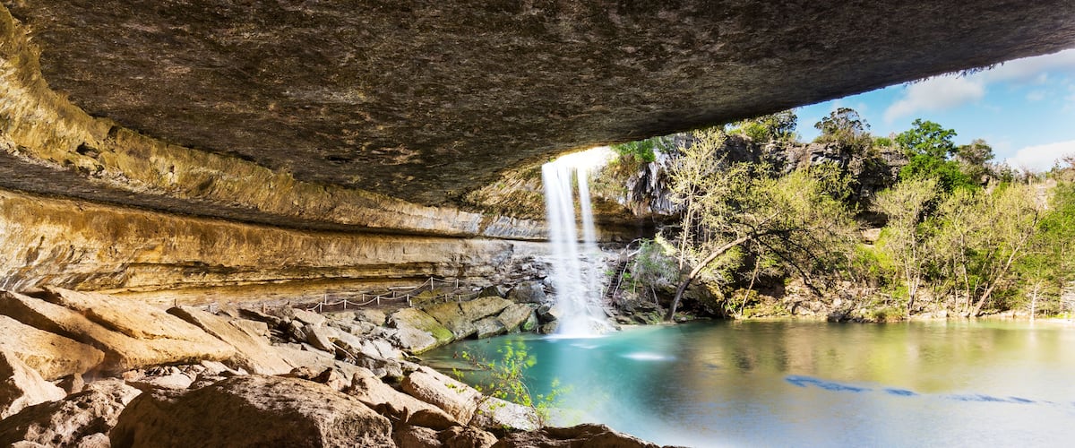 Hamilton Pool Preserve with waterfall in the background