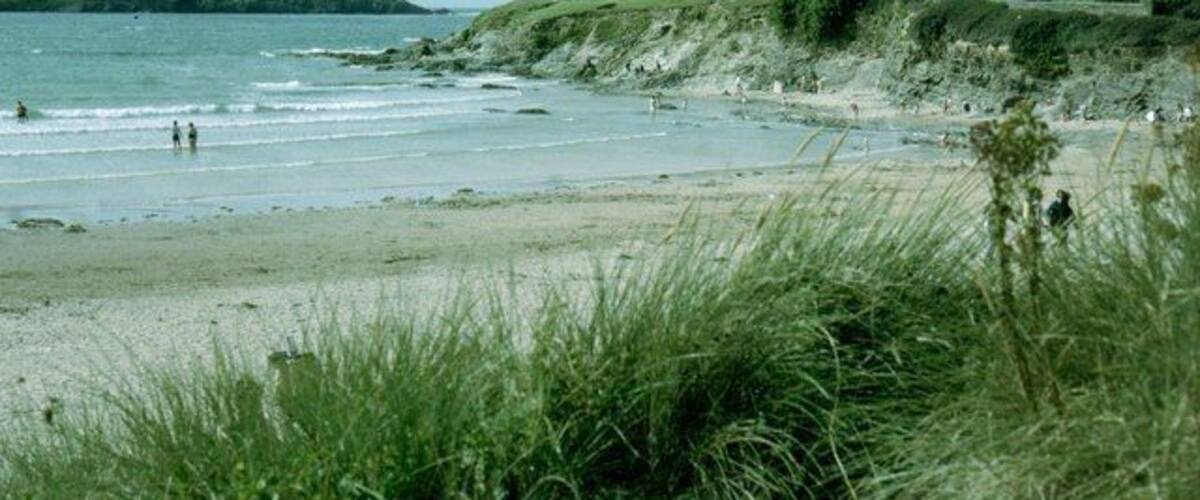 A coastal beach with grassy dunes and a hilly landscape in the background.