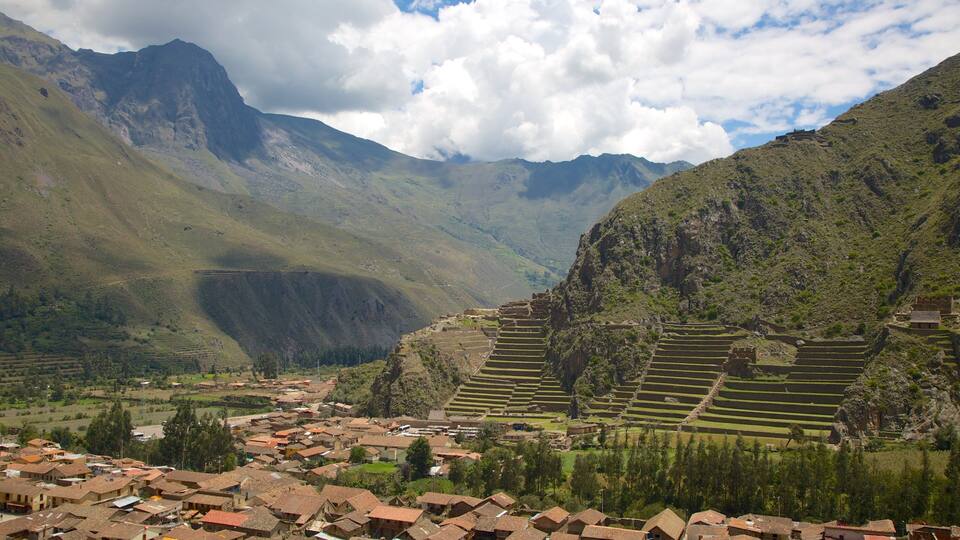 Terraced fields, a village, and mountains.