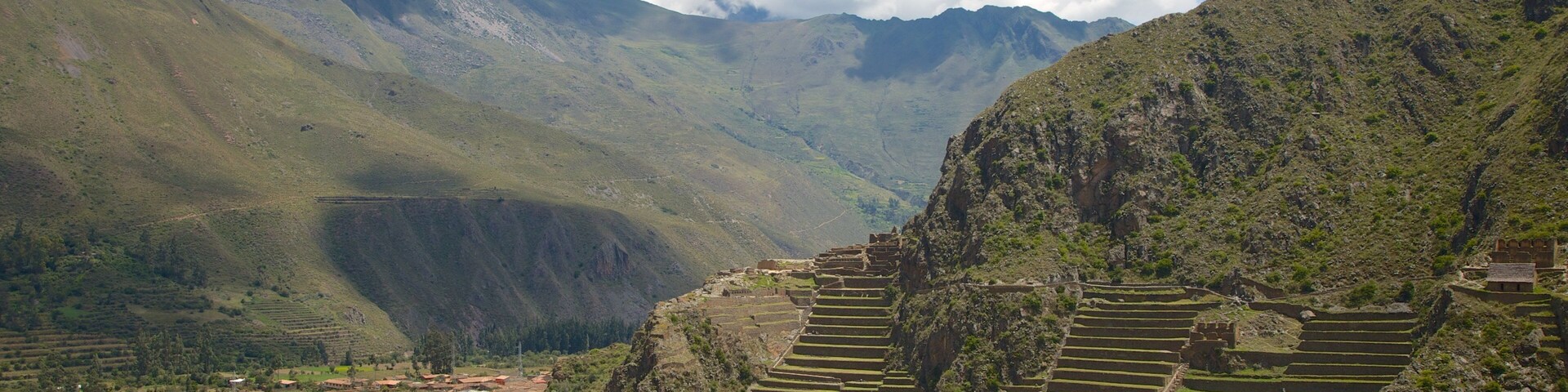 Terraced fields, a village, and mountains.