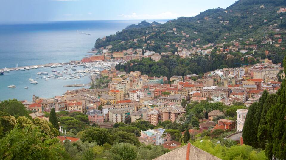 A coastal town with a marina, dense buildings, and a hilly backdrop.
