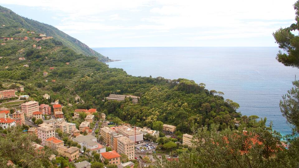 A coastal town with buildings surrounded by dense green hills and a view of the sea.