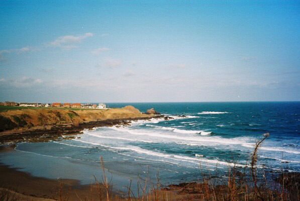 Un paisaje costero con olas rompiendo en la orilla, un faro y una línea de costa distante con edificios.