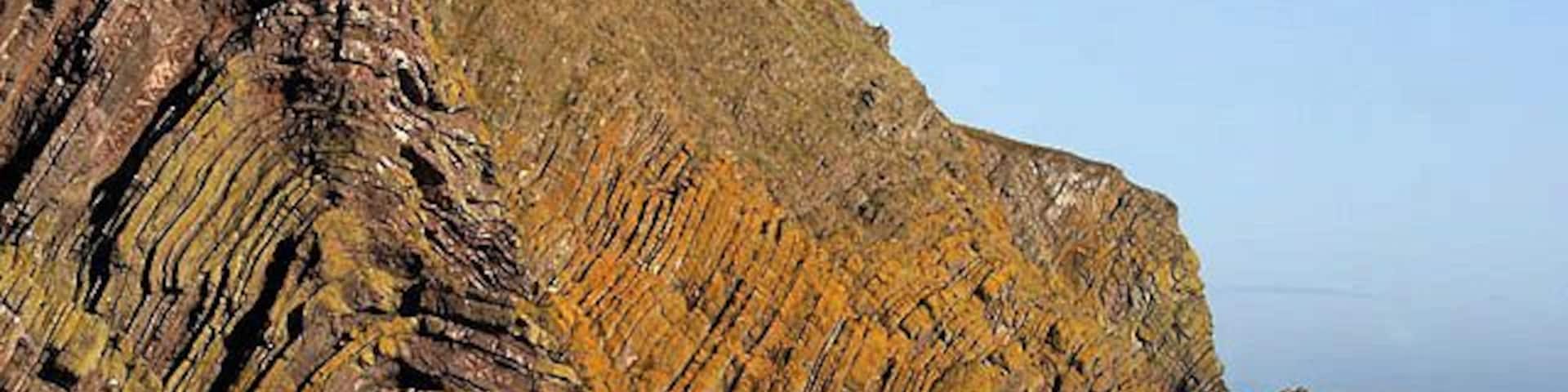 Cliffs at Hurker's Haven Access to the shore at this small inlet is possible by a steep grassy descent from the Berwickshire Coast Path. Good views can be had of the folded rocks on the cliffs.