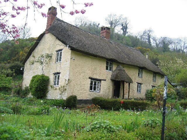 A traditional thatched-roof house surrounded by lush greenery and flowering plants.