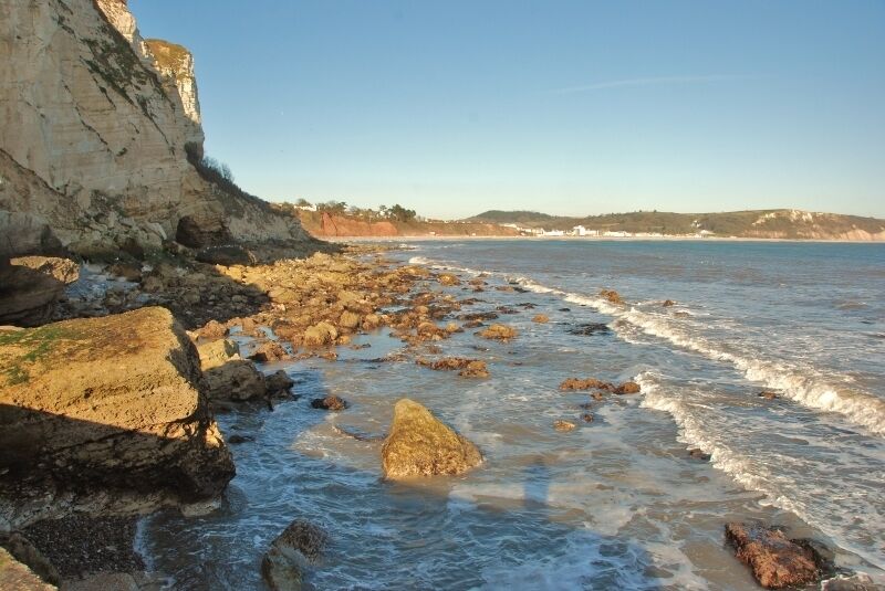 Beer: View towards Seaton Hole White Cliff at Seaton Hole is regarded by geologists as the most complete and best exposed section in Upper Greensand anywhere in Britain. It is also one of the few places in southern England where one can see a major earthquake fault.