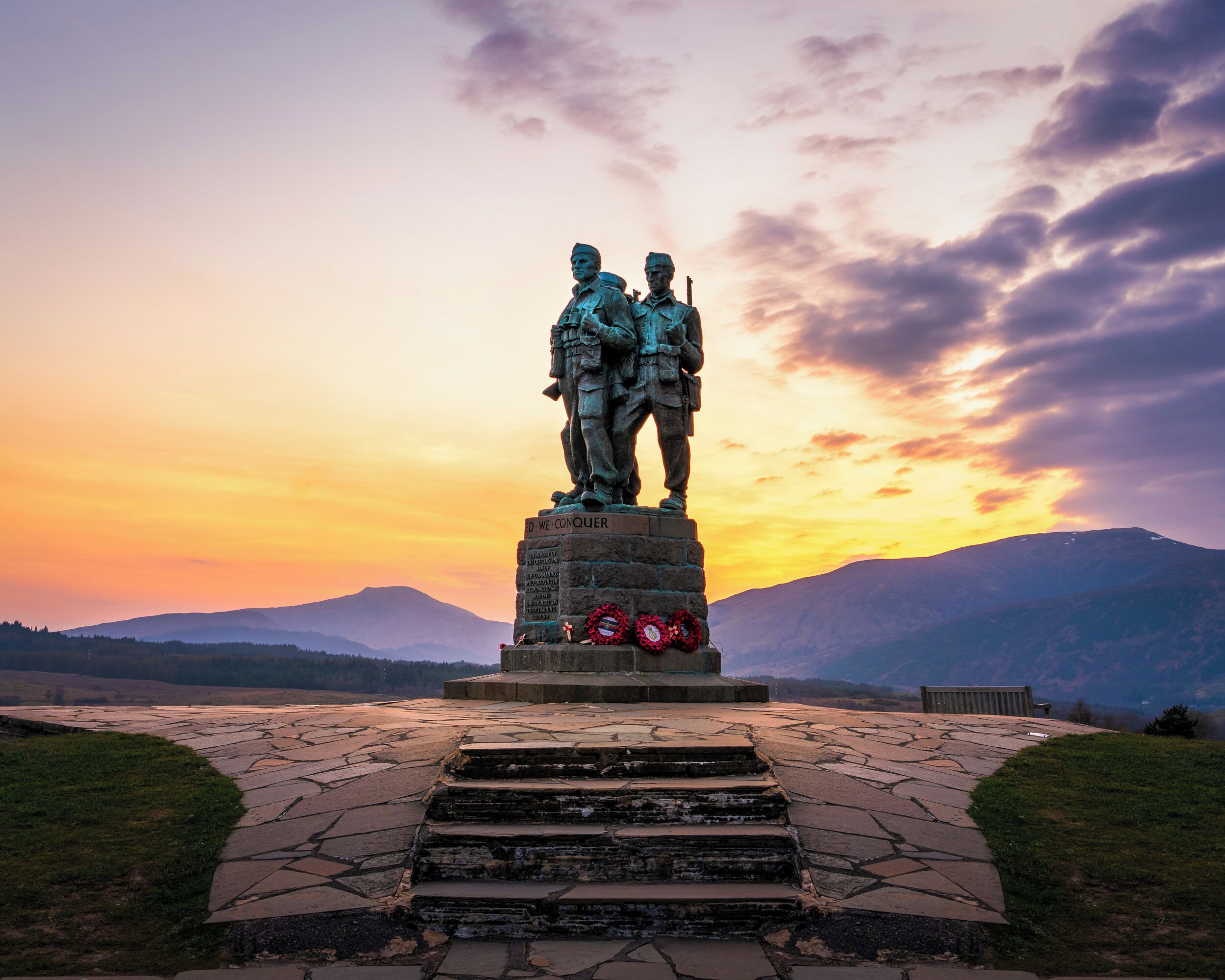 The Commando Memorial in Lochaber, Scotland is another one of those spots I kept on &quot;photography&quot; list. This place has a charming atmosphere and breathtaking views, but it&#x27;s always busy with visitors or the conditions are not right. This time I was lucky for a beautiful sunset at the background and the temperature kept most of the people away, so I was there almost alone. If you have a moment, make sure you google this listed monument, as it is fascinating reading.