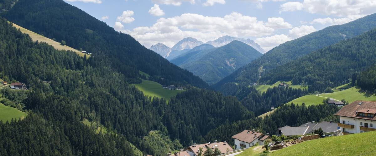 A valley with dense forests, houses, and distant mountains under a partly cloudy sky.