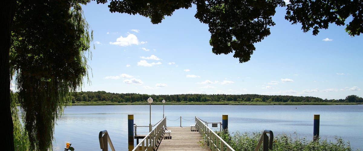 A wooden pier extending into a calm lake, surrounded by trees and greenery.
