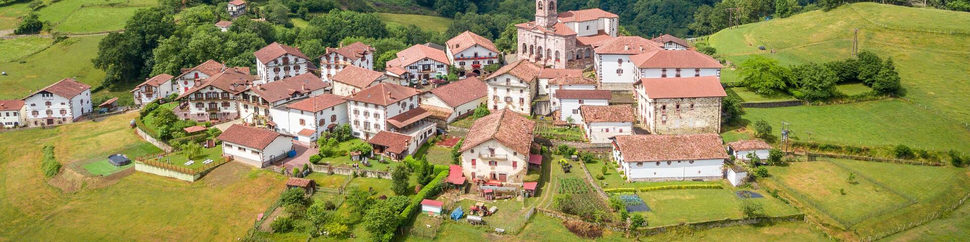 aerial view of ziga rural town in baztan valley, Spain