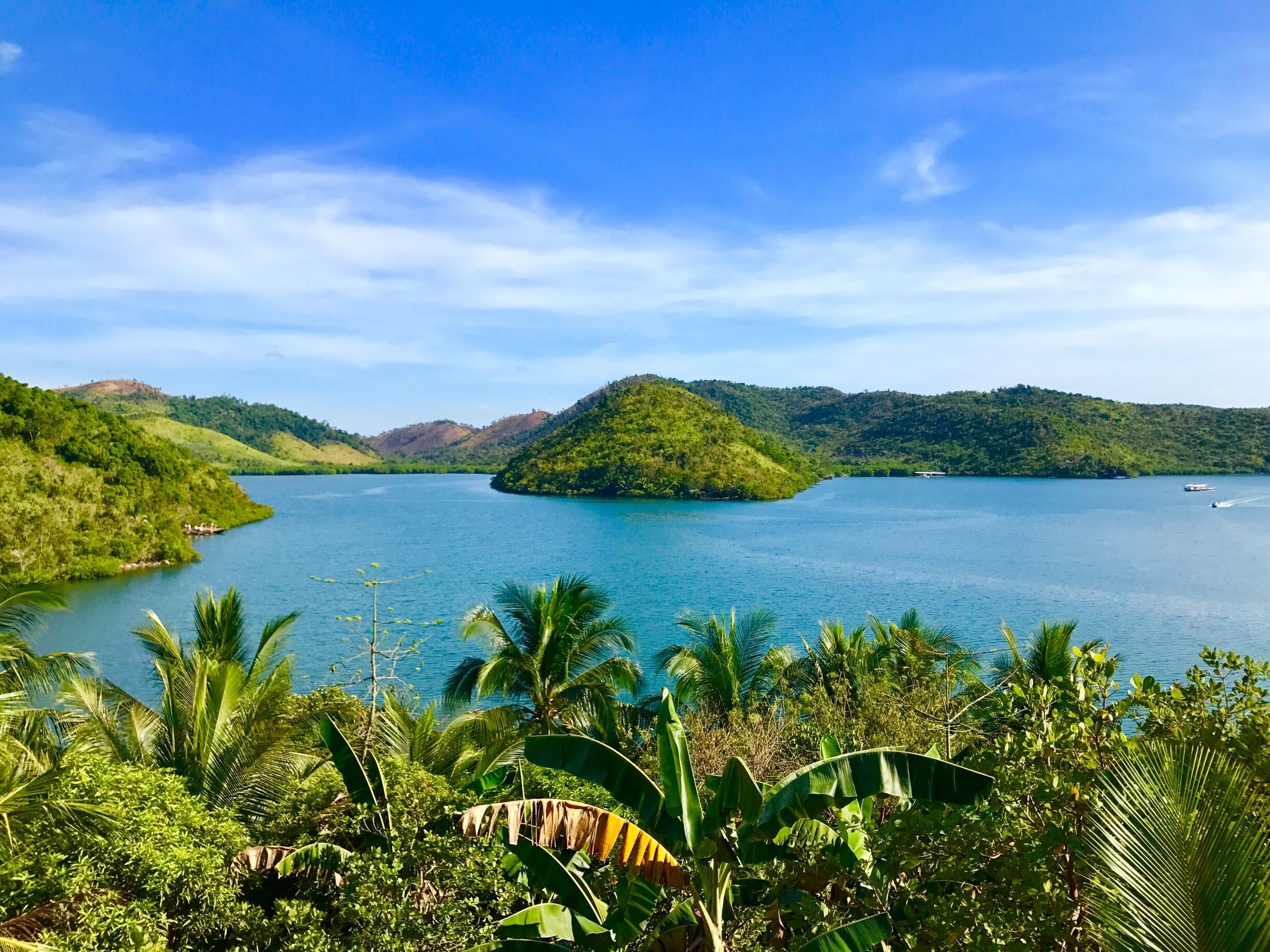 A large lake surrounded by lush green hills and palm trees.
