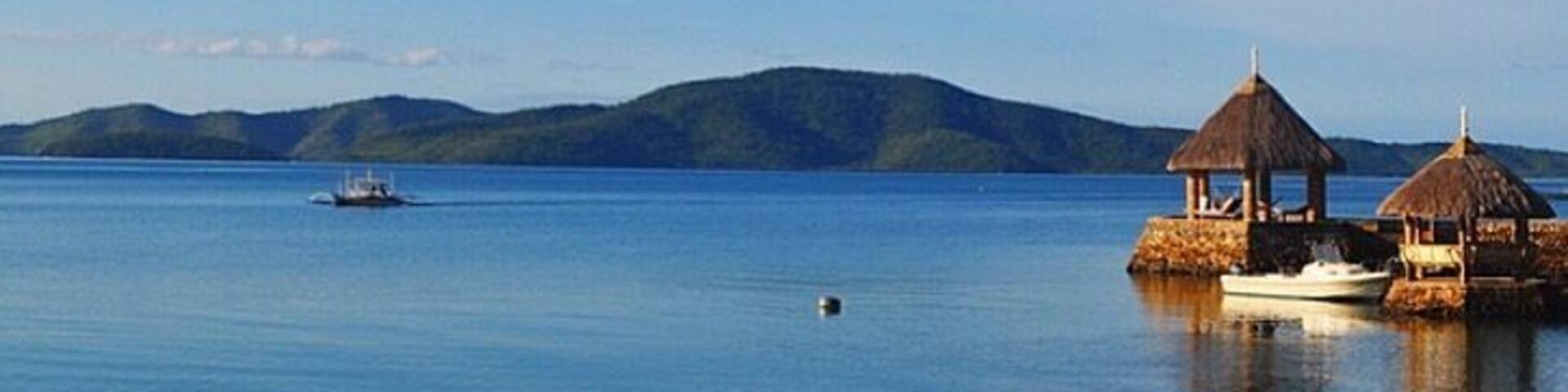 A calm sea with a boat, two thatched-roof huts, and distant green hills.