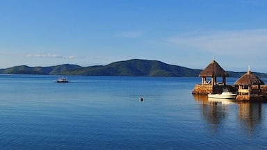 A calm sea with a boat, two thatched-roof huts, and distant green hills.
