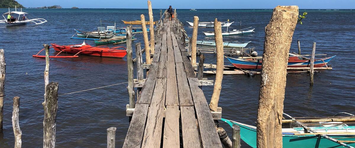 A wooden pier leading to a calm body of water with several small boats docked at the end.