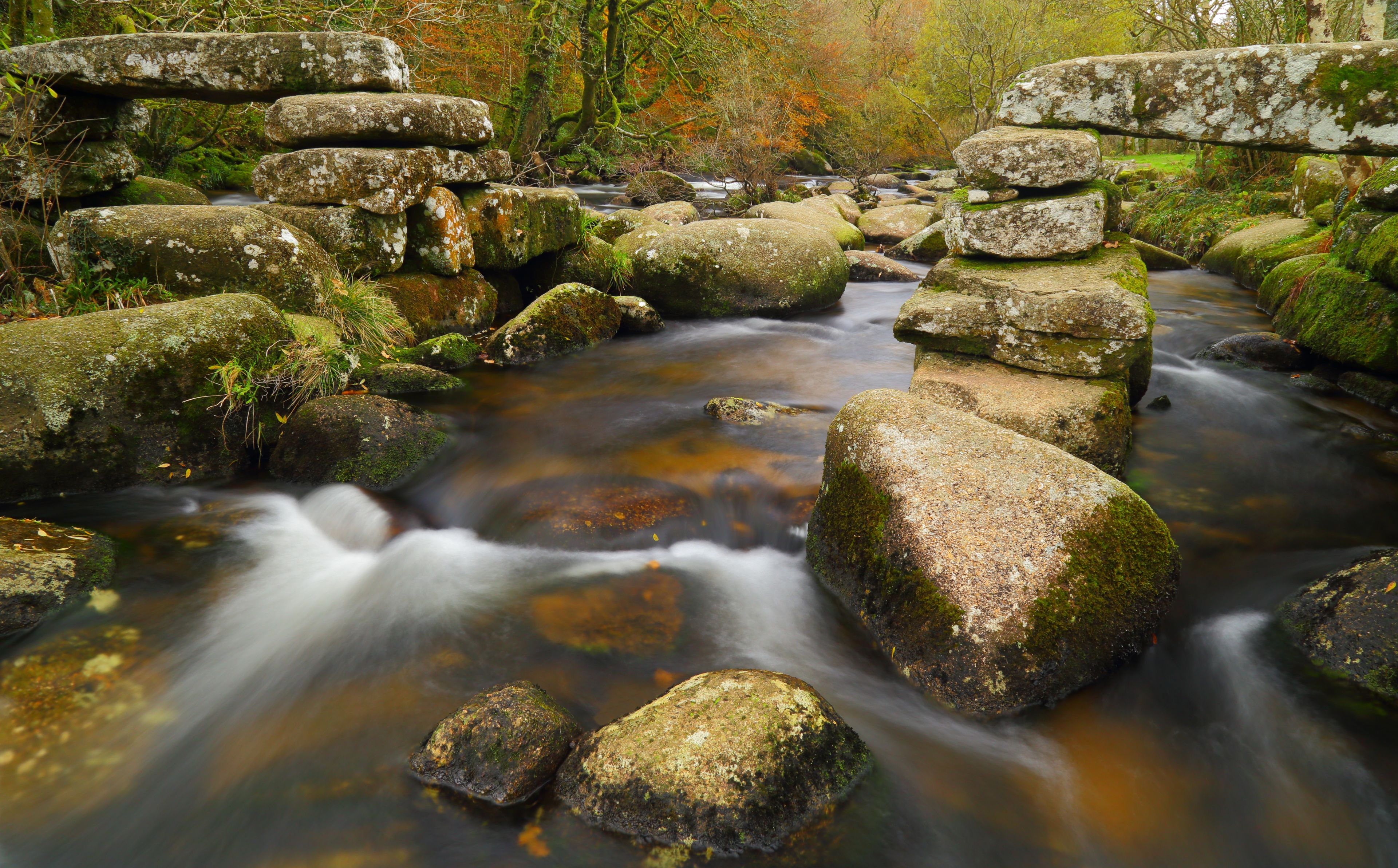 A stream flowing over moss-covered rocks with autumn foliage in the background.