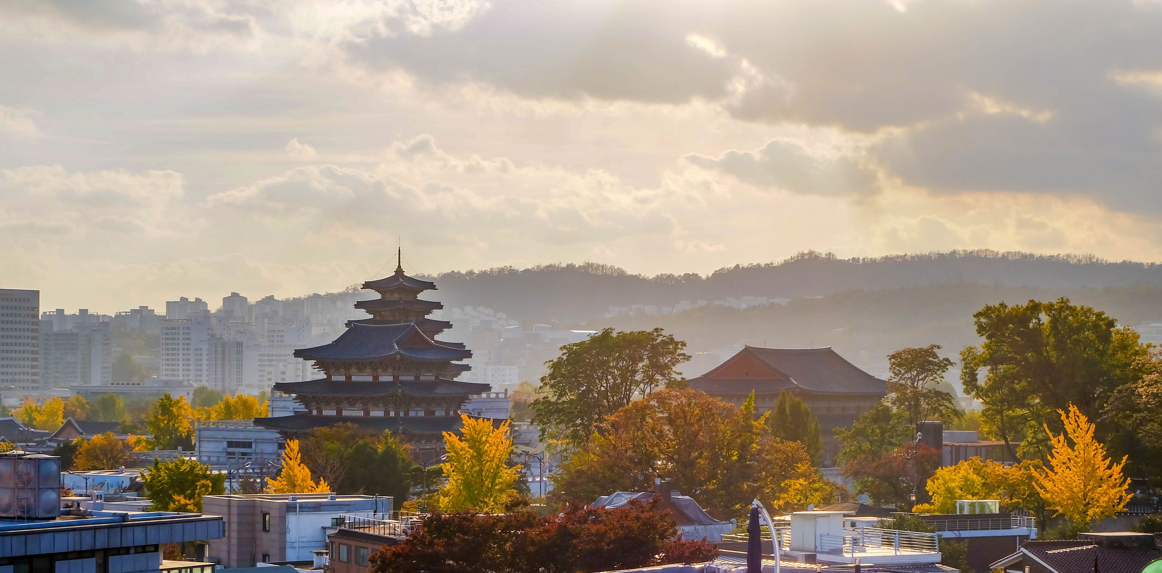 A traditional pagoda with a multi-tiered roof, surrounded by autumn-colored trees and modern buildings in the background.
