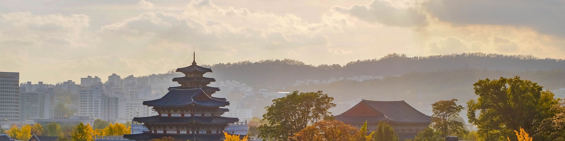 A traditional pagoda with a multi-tiered roof, surrounded by autumn-colored trees and modern buildings in the background.