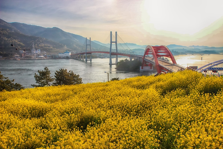Aerial View of Sacheon Cable Car at Sunrise, Sacheon, Gyeongnam, South Korea.