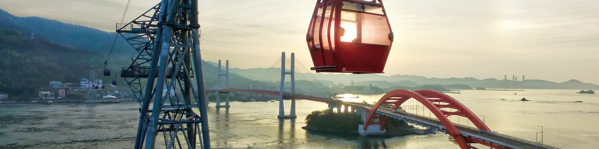 Aerial View of Sacheon Cable Car at Sunrise, Sacheon, Gyeongnam, South Korea.