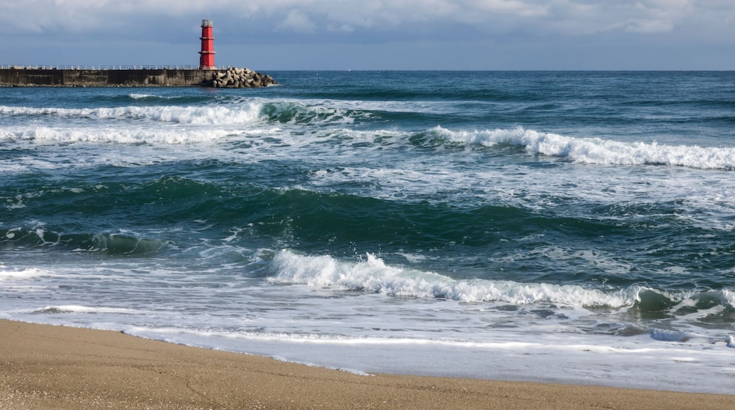 View of the surfs against the seawall and lighthouse