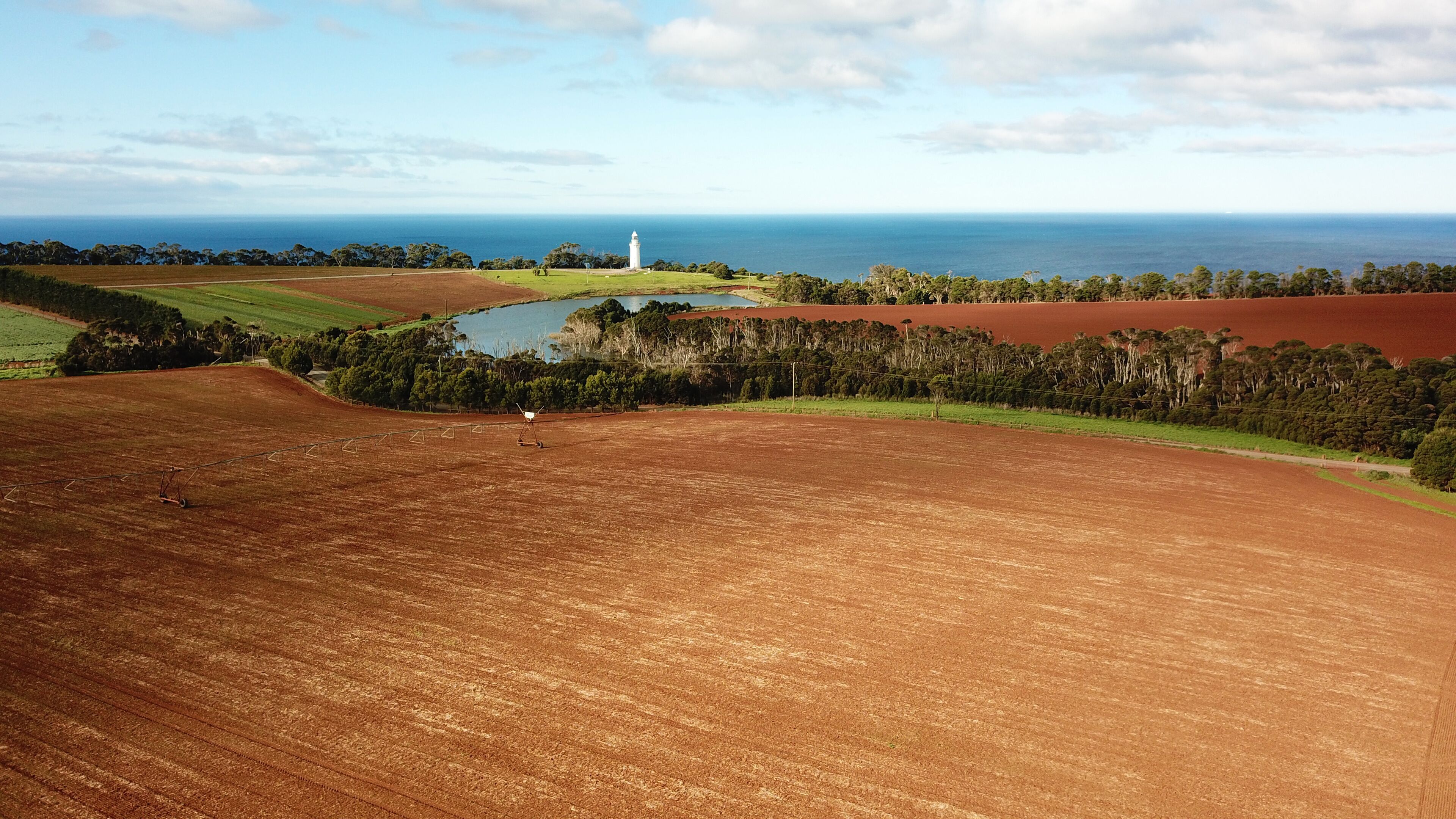 Aerial view of landscape in Table Cape Farm, Tasmania Australia