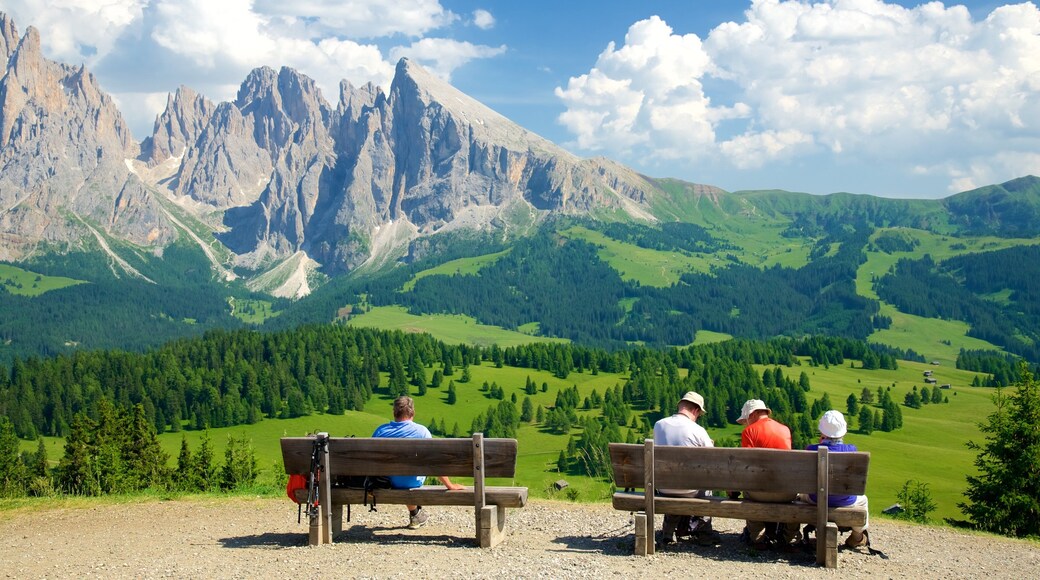 Alpe di Siusi fasiliteter samt landskap og rolig landskap i tillegg til en liten gruppe med mennesker